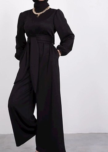 Kadın Siyah Uzun Kollu Kemerli Tulum - Görsel 3