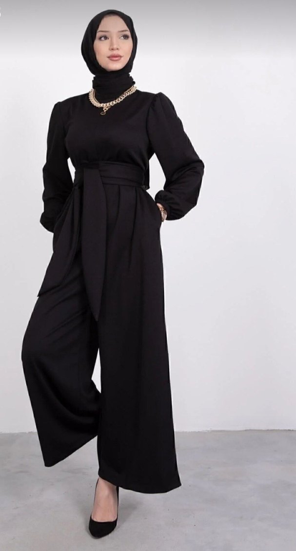 Kadın Siyah Uzun Kollu Kemerli Tulum - Görsel 3