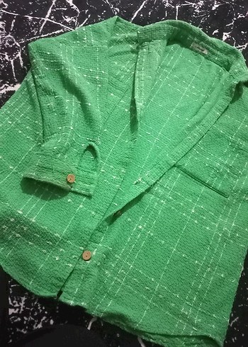 Yeşil Düğmeli Keten Uzun Kollu Kadın Gömlek - Görsel 2