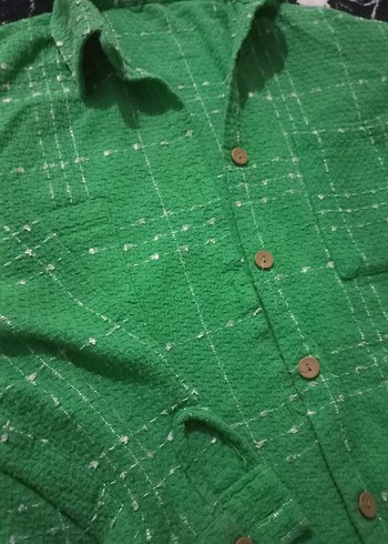 Yeşil Düğmeli Keten Uzun Kollu Kadın Gömlek - Görsel 3