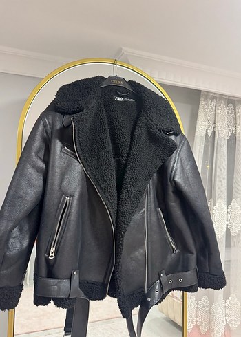 Siyah Kürklü Deri Biker Ceket