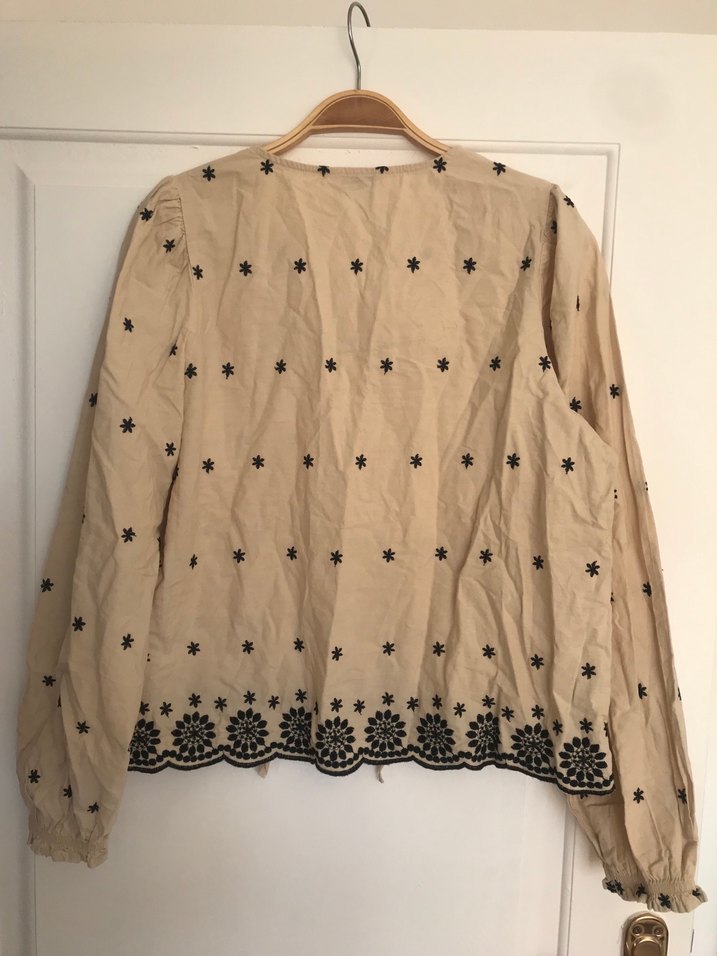 Bej Nakışlı Bohem Kadın Keten Bluz - Görsel 2