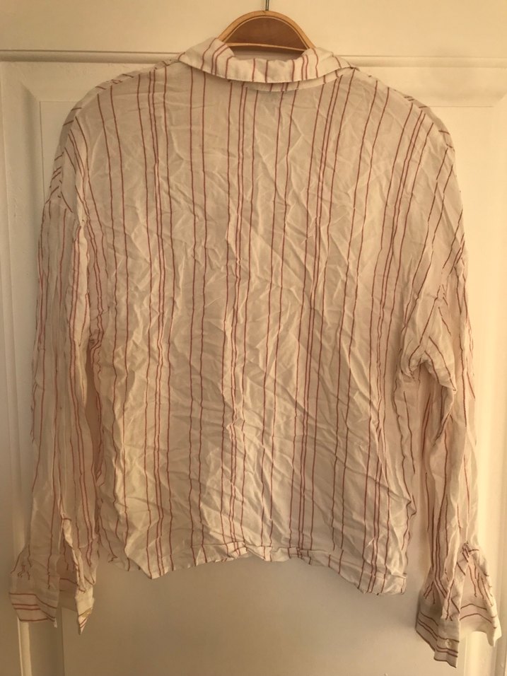 Çizgili V Yaka Keten Gömlek - Görsel 2