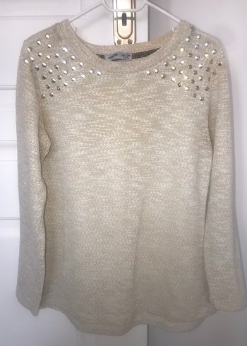 Bej Kadın Triko Uzun Kollu Simli Bluz - Görsel 2