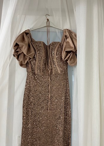 Parlak Bej Straplez Uzun Abiye Elbise - Görsel 5