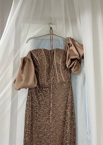 Parlak Bej Straplez Uzun Abiye Elbise - Görsel 3