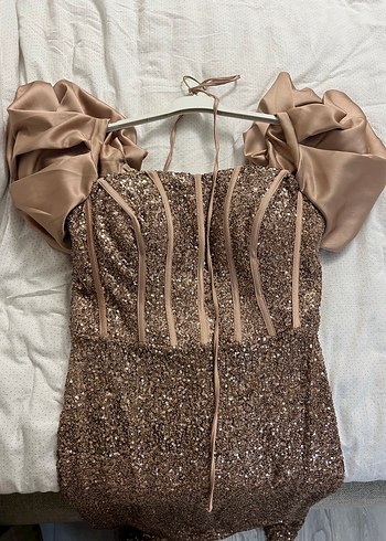 Parlak Bej Straplez Uzun Abiye Elbise - Görsel 4