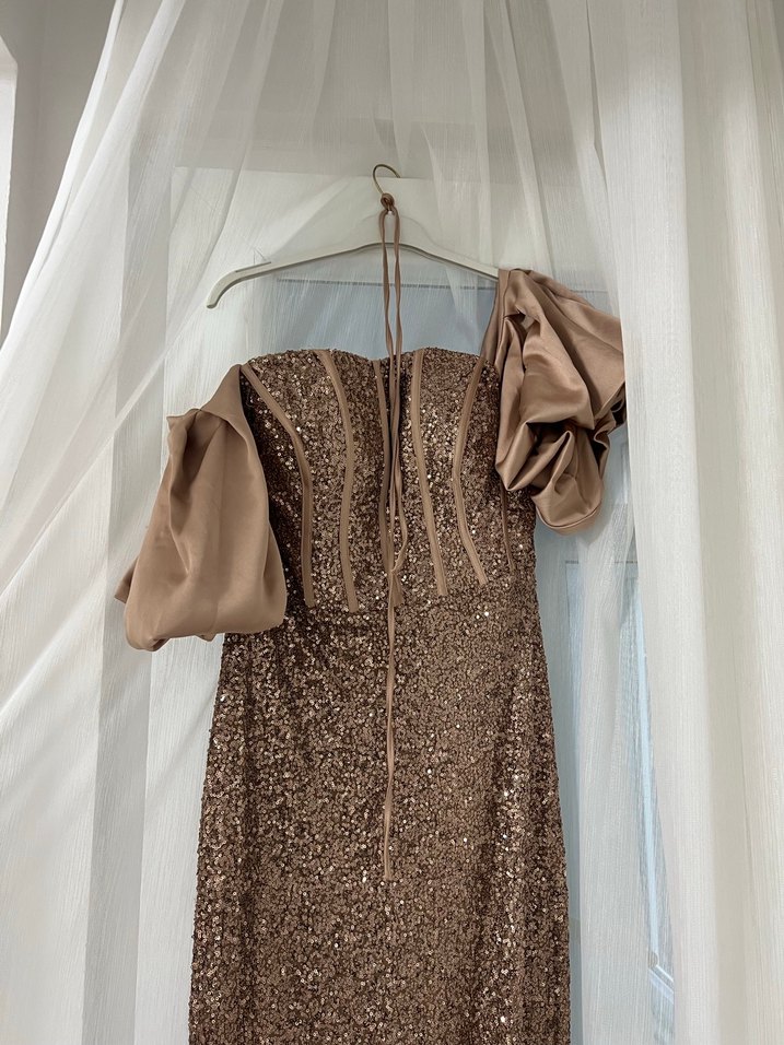 Parlak Bej Straplez Uzun Abiye Elbise - Görsel 3