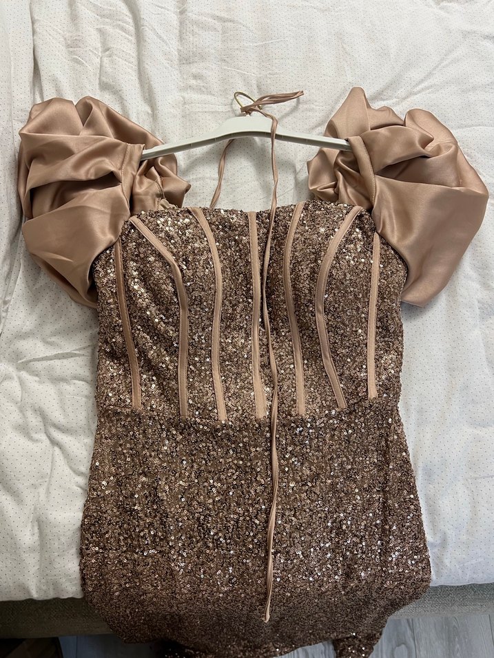 Parlak Bej Straplez Uzun Abiye Elbise - Görsel 4