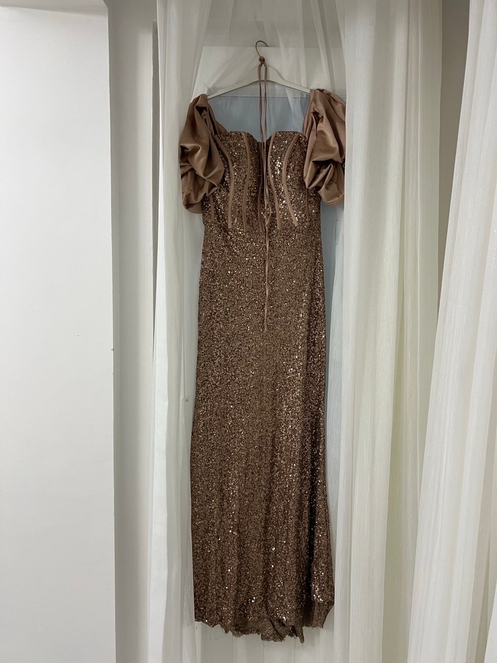 Parlak Bej Straplez Uzun Abiye Elbise - Görsel 2