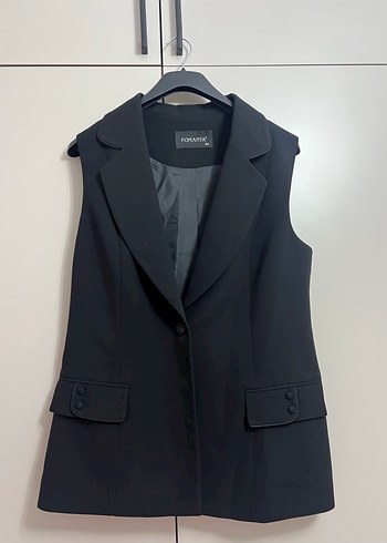 Siyah Düğmeli Kolsuz Kadın Blazer Ceket - Görsel 2