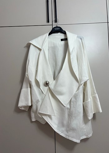 Düğmeli Keten Beyaz Ceket - Görsel 2