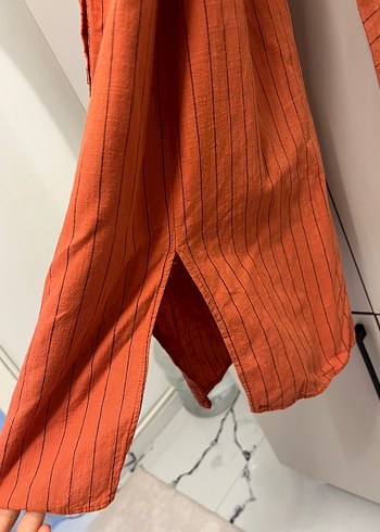 Kahverengi Kemerli Uzun Keten Elbise - Görsel 3