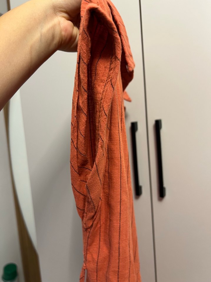 Kahverengi Kemerli Uzun Keten Elbise - Görsel 5