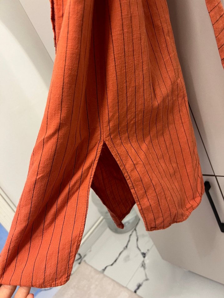 Kahverengi Kemerli Uzun Keten Elbise - Görsel 3