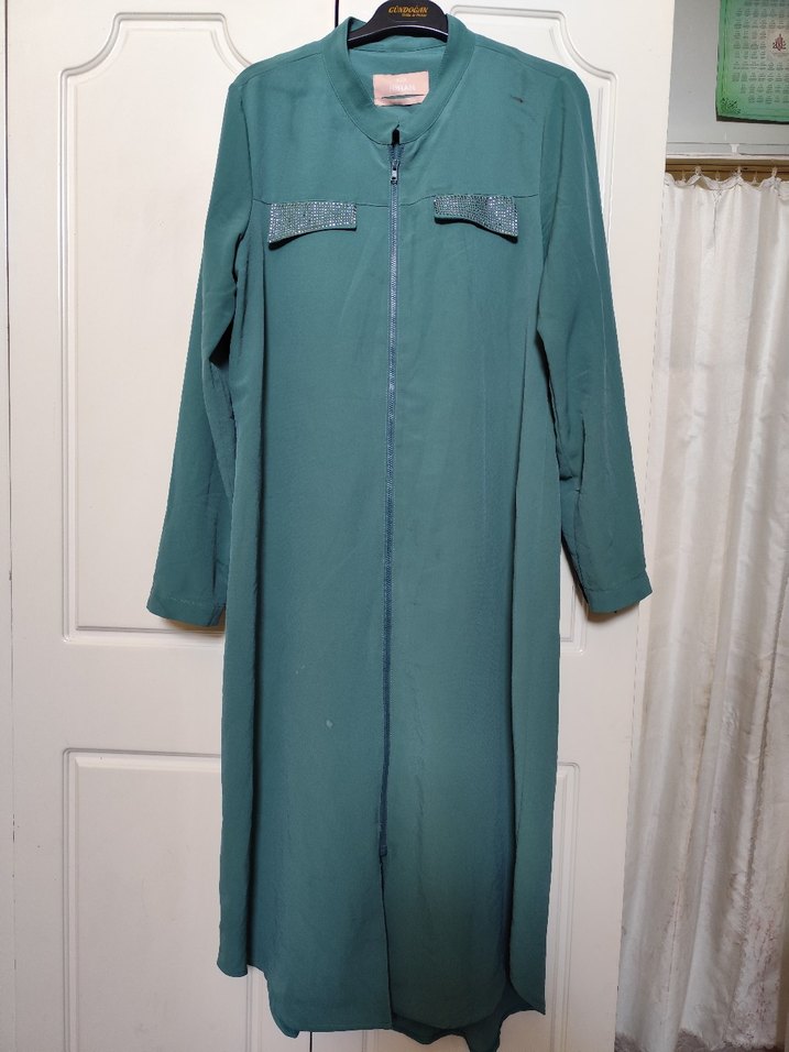 Uzun Turkuaz  Kapüşonlu Ceket - Görsel 2