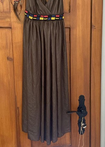 Boncuk Detaylı Kahverengi Uzun Bohem Elbise - Görsel 2