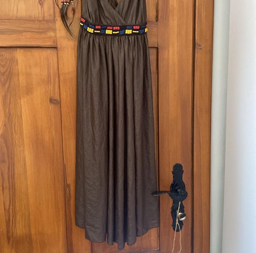 Boncuk Detaylı Kahverengi Uzun Bohem Elbise - Görsel 2