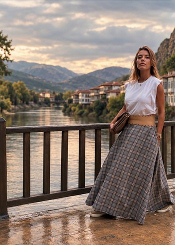 Zara Dokumlu Ekose Pamuklu Uzun Kadin Etek
