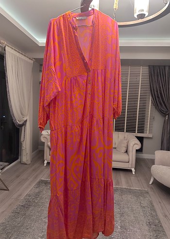 Pembe Batik Desenli Uzun Bohem Elbise