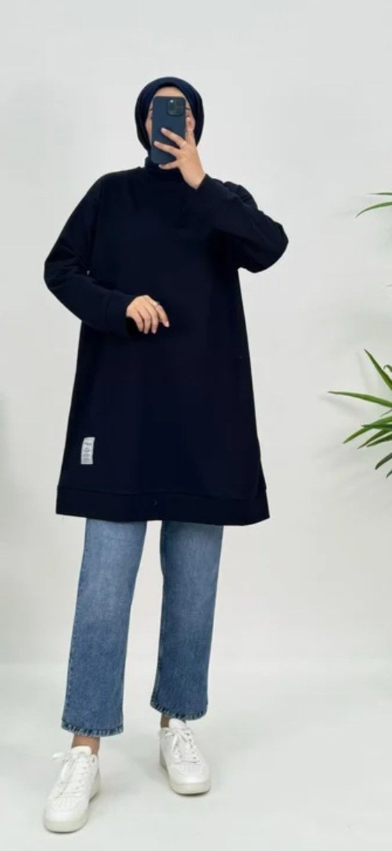 48 beden Siyah Denim Midi Yüksek Yakalı Tunik etiketli sıfır - Görsel 3