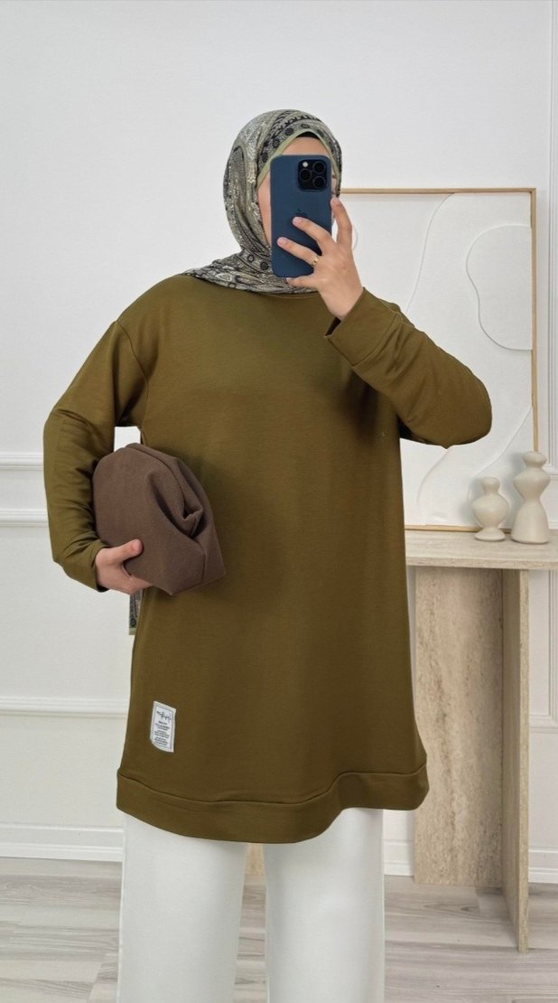 50 BEDEN Kadın Haki Midi Tunik, Salaş Kesim, ETİKETLİ - Görsel 2