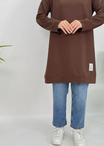 50 beden Kadın Kahverengi Midi Sweatshirt Tunik etiketli - Görsel 3