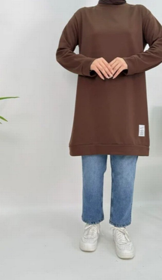 50 beden Kadın Kahverengi Midi Sweatshirt Tunik etiketli - Görsel 3