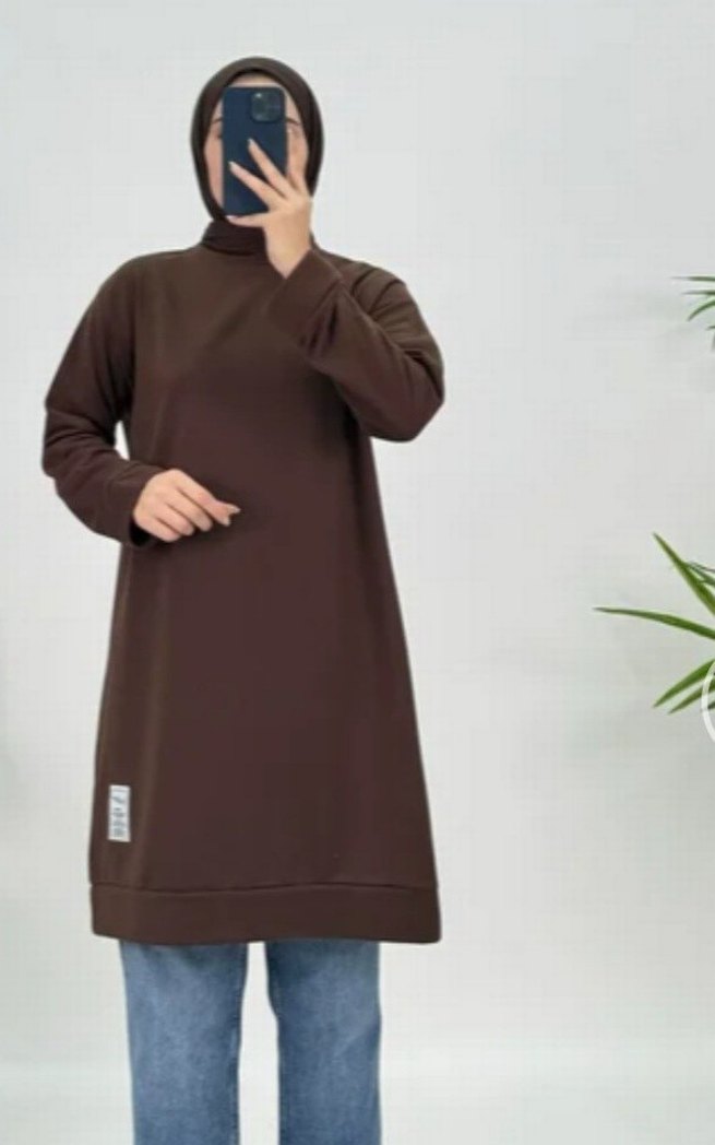 50 beden Kadın Kahverengi Midi Sweatshirt Tunik etiketli - Görsel 2