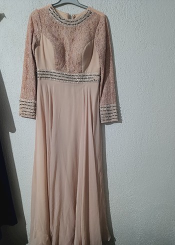 Bej Uzun Kollu Drapeli Vintage Abiye Elbise