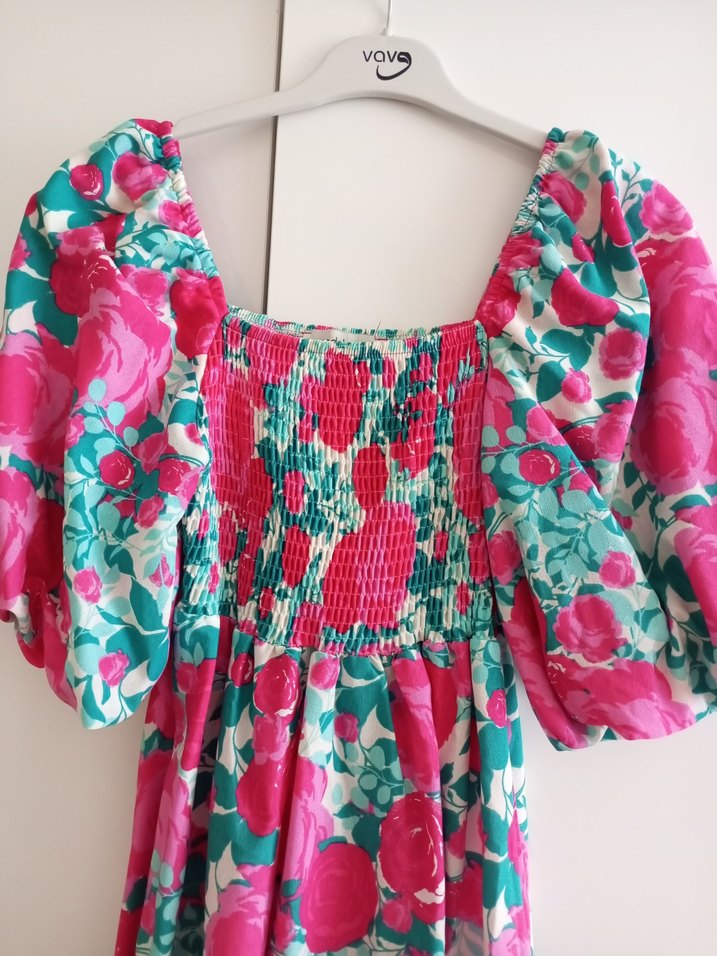 Pembe Çiçek Desenli Uzun Bohem Elbise - Görsel 3