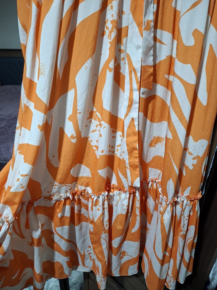 Turuncu  Desenli Kuşaklı Uzun Elbise - Görsel 3