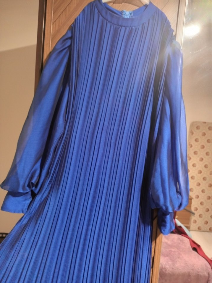 Uzun Kollu Mavi Piliseli Kadın Elbise - Görsel 2