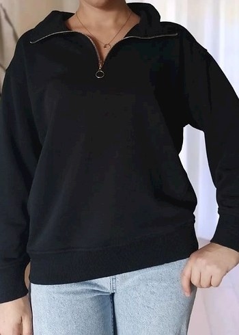 Kadın Siyah Yarım Fermuarlı Sweatshirt