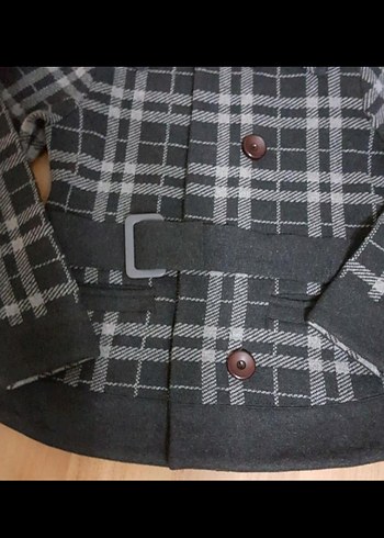 Düğmeli Gri Ekose Kadın Kaban - Görsel 6