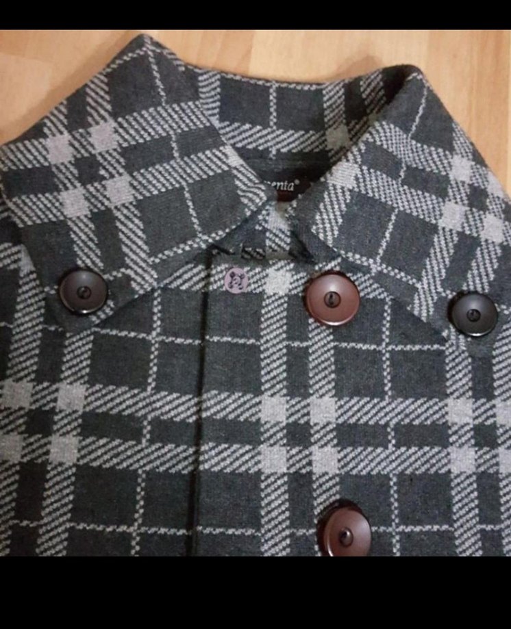 Düğmeli Gri Ekose Kadın Kaban - Görsel 5