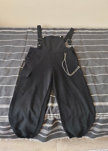 Zincir Detaylı Siyah Kadın Uzun Denim Tulum - Görsel 2