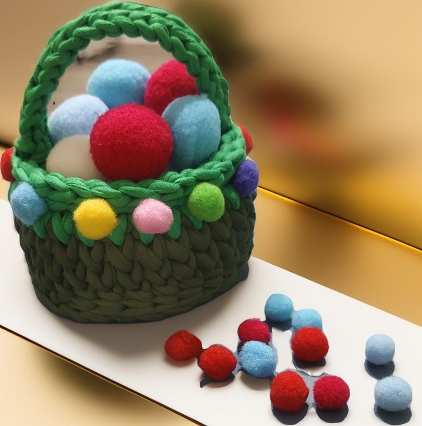 Renkli Ponponlu Yeşil Örgü Sepet - Görsel 3