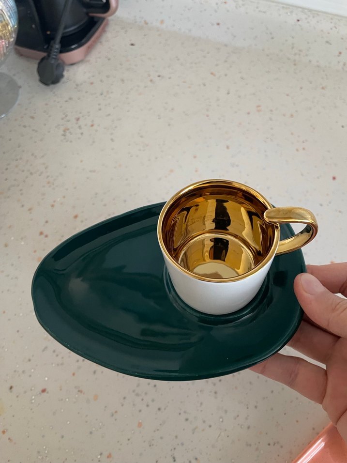 Altın Kulplu Beyaz Fincan ve Koyu Tabak - Görsel 2