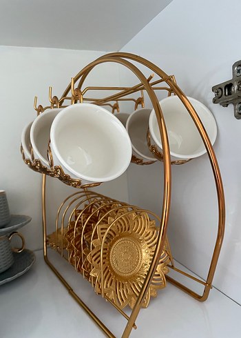 Altın detaylı beyaz fincan seti ve standı - Görsel 2