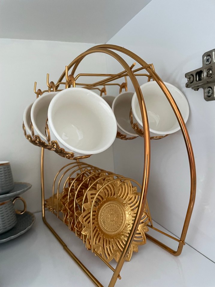 Altın detaylı beyaz fincan seti ve standı - Görsel 2