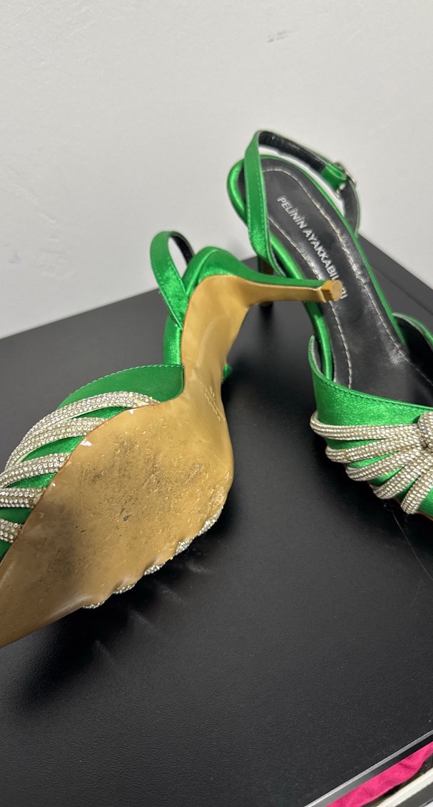 Yeşil Parlak Taşlı Stiletto Abiye Ayakkabı - Görsel 4