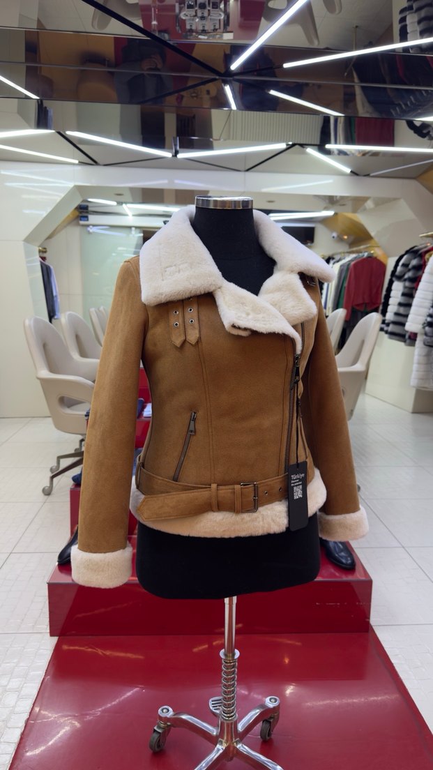 Kürklü Kısa Kahverengi Süet Biker Ceket - Görsel 2