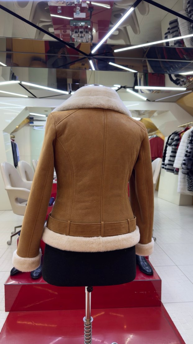 Kürklü Kısa Kahverengi Süet Biker Ceket - Görsel 3