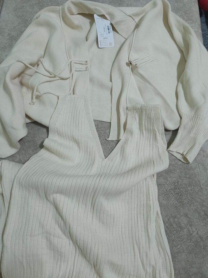 Kadın Beyaz Pamuklu Uzun Triko Elbise - Görsel 3