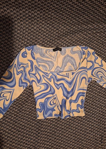 Mavi desenlu crop Bluz