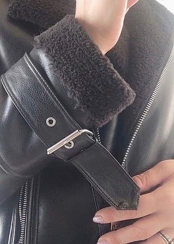 universal Beden Siyah Kürklü Deri Biker Ceket