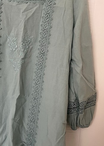 Dantel Detaylı Turkuaz Bohem Uzun Kollu Bluz - Görsel 2