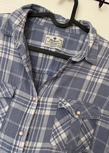 Düğmeli Gri Mavi Kareli Uzun Kollu Kadın Gömlek - Görsel 2