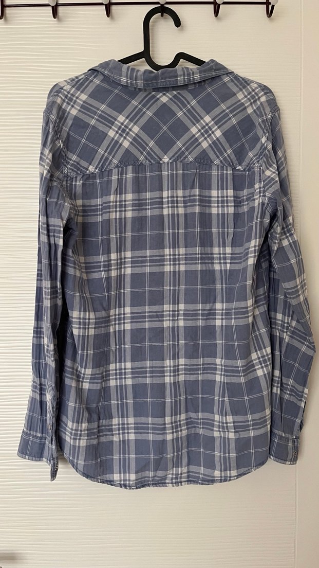 Düğmeli Gri Mavi Kareli Uzun Kollu Kadın Gömlek - Görsel 3